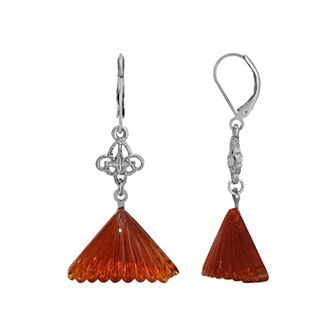 1928 Silver Tone Simulated Topaz Glass Fan Shaped Drop Earrings