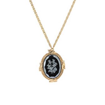 1928 Gold Tone Cat Frame Flower Stone Pendant Necklace
