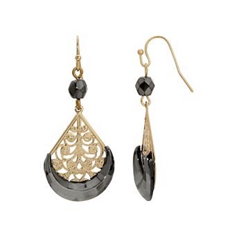 1928 Gold Tone Simulated Hematite Enamel Fan Drop Earrings