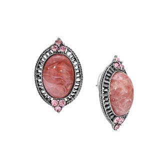 1928 Silver Tone Pink Stone & Pink Crystal Stud Earrings