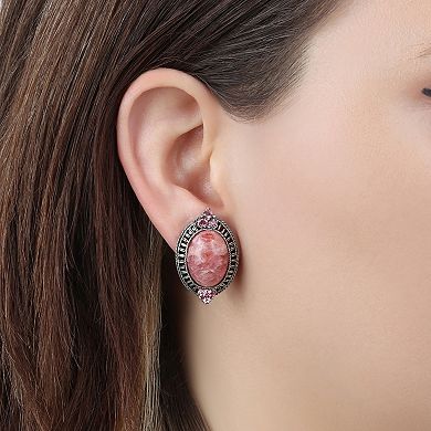 1928 Silver Tone Pink Stone & Pink Crystal Stud Earrings
