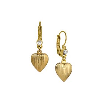1928 Gold Tone Crystal Heart Drop Earrings
