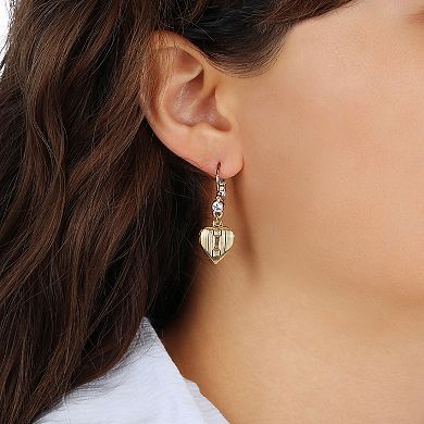 1928 Gold Tone Crystal Heart Drop Earrings
