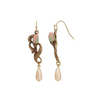 1928 Gold Tone Simulated Pink Pearl Rose Drop Earrings