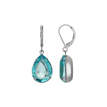 1928 Silver Tone Aqua Blue Crystal Pear Shaped Drop Earrings