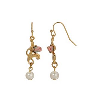 1928 Gold Tone Simulated Pearl & Porcelain Rose Drop Earrings
