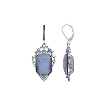 1928 Silver Tone Blue Crystal Rectangular Drop Earrings