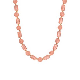 1928 Gold Tone Peach Cracked Glass Necklace