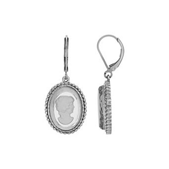 1928 Silver Tone Cameo Drop Earrings