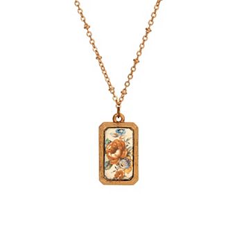 1928 Gold Tone Flower Decal Pendant Necklace