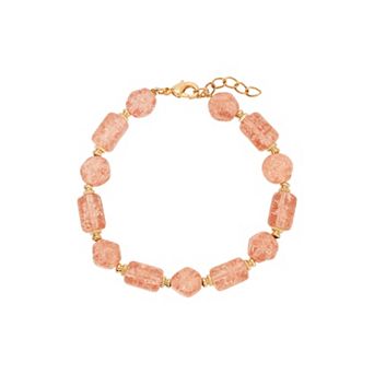 1928 Gold Tone Peach Cracked Glass Beaded Bracelet