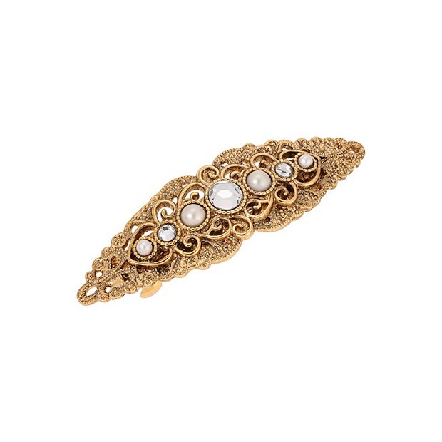 1928 Gold Tone Crystal and Faux Pearl Hair Barrette display picture 1