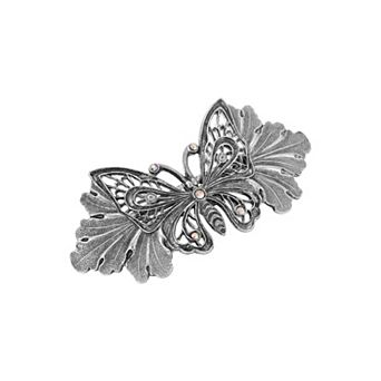 1928 Silver Tone and Crystal Butterfly Hair Barrette