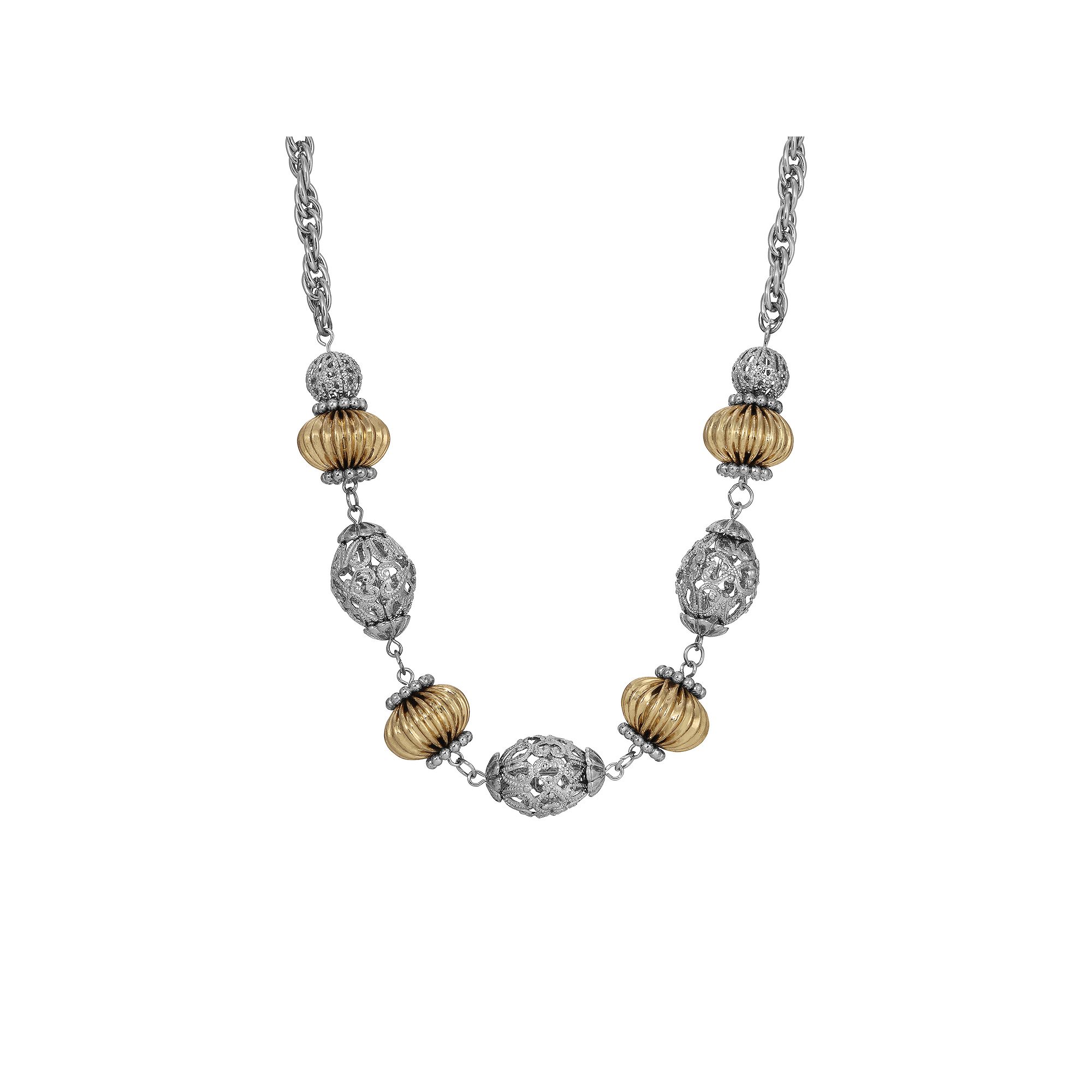1928 Two-Tone Filigree & Texture Bead Necklace, Womens, Multi