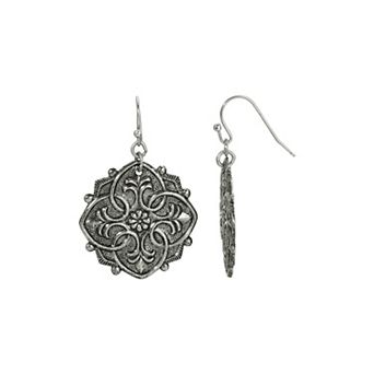 1928 Silver Tone Embossed Flower Medallion Drop Earrings
