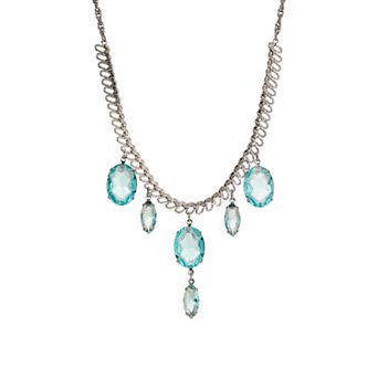 1928 Silver Tone Aqua Blue Crystal Bib Necklace