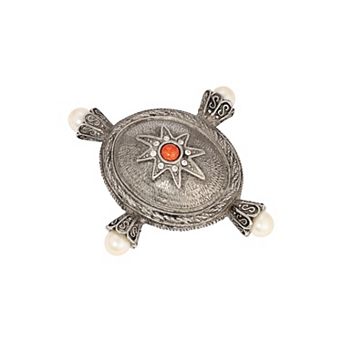 1928 Silver Tone Red Crystal & Simulated Pearl Oval Pin