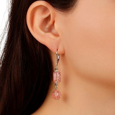 1928 Gold Tone Peach Cracked Glass Bead Drop Earrings