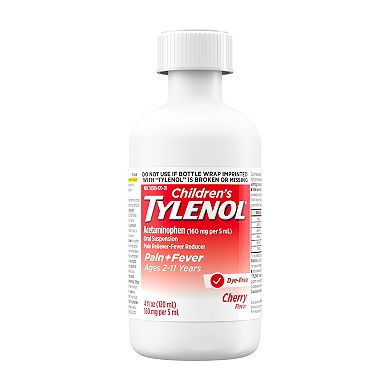 Children's Tylenol Liquid Oral Suspension Pain Reliever & Fever Reducer with Acetaminophen, Aspirin-, Ibuprofen-, High Fructose Corn Syrup- & Dye-Free, Cherry, 4 Fl. Oz