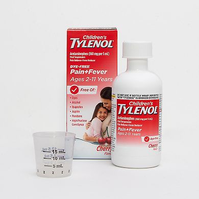 Children's Tylenol Liquid Oral Suspension Pain Reliever & Fever Reducer with Acetaminophen, Aspirin-, Ibuprofen-, High Fructose Corn Syrup- & Dye-Free, Cherry, 4 Fl. Oz