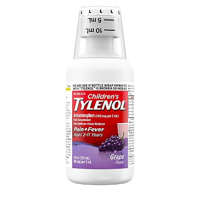 Children's Tylenol Liquid Oral Suspension Medicine, Acetaminophen Pain Reliever & Fever Reducer for Cold + Flu Symptoms & Sore Throat, Aspirin-, Ibuprofen- & Alcohol- Free, Grape, 4 fl. oz