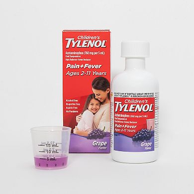 Children's Tylenol Liquid Oral Suspension Medicine, Acetaminophen Pain Reliever & Fever Reducer for Cold + Flu Symptoms & Sore Throat, Aspirin-, Ibuprofen- & Alcohol- Free, Grape, 4 fl. oz