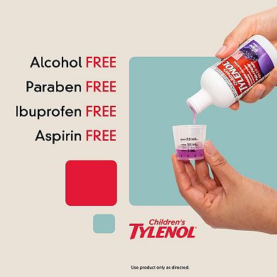 Children's Tylenol Liquid Oral Suspension Medicine, Acetaminophen Pain Reliever & Fever Reducer for Cold + Flu Symptoms & Sore Throat, Aspirin-, Ibuprofen- & Alcohol- Free, Grape, 4 fl. oz
