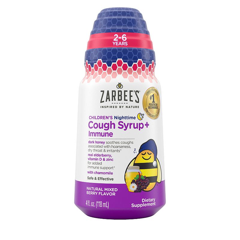Zarbee’s Kids Cough + Immune Nighttime for Age 2-6 with Honey  Vitamin D & Zinc  Mixed Berry  4FL Oz