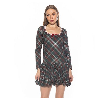 knee length dresses for ladies Gothic Plaid Dress with Ruffled Lace Hemline / Female Short Dresses with Detachable Sleeves main image 0