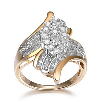 Classic Treasures 10k Gold 3/4 Carat T.W. Diamond Waterfall Round and Baguette Cocktail Ring
