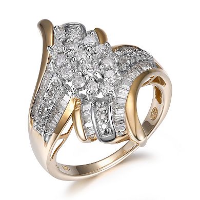Classic Treasures 10k Gold 3/4 Carat T.W. Diamond Waterfall Round and Baguette Cocktail Ring