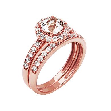 10k Rose Gold White Topaz Two Piece Halo Bridal Ring Set