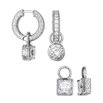 Classic Treasures Rhodium Plated Sterling Silver Cubic Zirconia Hanging Charm Hinged Hoop Earrings