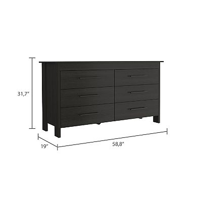 DEPOT E-SHOP Paris 6 Drawer Double Dresser, Four Legs, Superior Top, Black