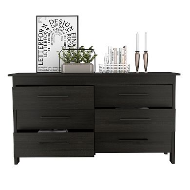 DEPOT E-SHOP Paris 6 Drawer Double Dresser, Four Legs, Superior Top, Black