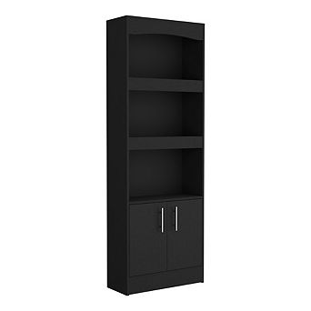 DEPOT E-SHOP Dozza Bookcase, Three Shelves, Double Door Cabinet, Metal Hardware, Black