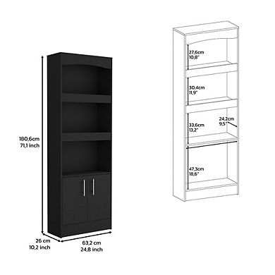 DEPOT E-SHOP Dozza Bookcase, Three Shelves, Double Door Cabinet, Metal Hardware, Black