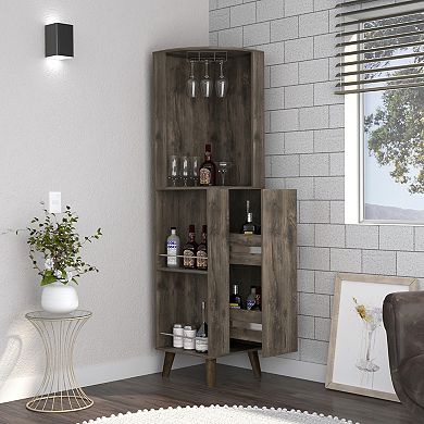 DEPOT E-SHOP Jaipur Corner Bar Cabinet, Two External Shelves, One Drawer, Two Interior Shelves, Dark Brown