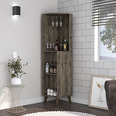 DEPOT E-SHOP Jaipur Corner Bar Cabinet, Two External Shelves, One Drawer, Two Interior Shelves, Dark Brown