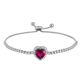 Sterling Silver Lab-Created Ruby Heart & Cubic Zirconia Adjustable Bracelet