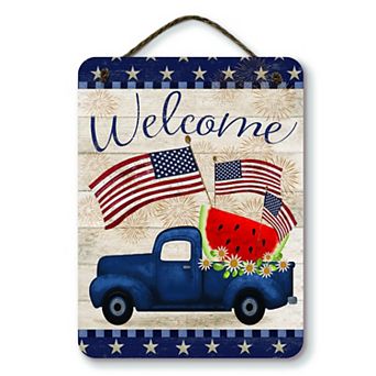 COURTSIDE MARKET Blue Truck Americana Welcome Hanging Artboard Wall Decor