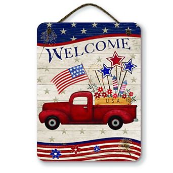 COURTSIDE MARKET Red Truck Americana Welcome Hanging Artboard Wall Decor