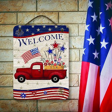 COURTSIDE MARKET Red Truck Americana Welcome Hanging Artboard Wall Decor