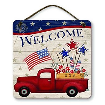 COURTSIDE MARKET Red Truck Americana Welcome Square Hanging Artboard Wall Decor