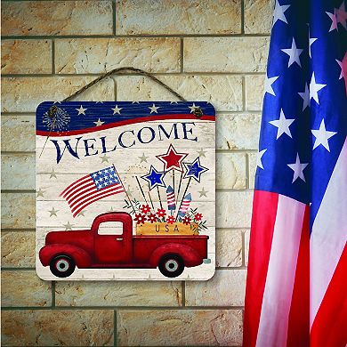COURTSIDE MARKET Red Truck Americana Welcome Square Hanging Artboard Wall Decor