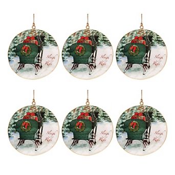Melrose Metal Sleigh Ride Disc Ornaments 6 pc Holiday Decor Set