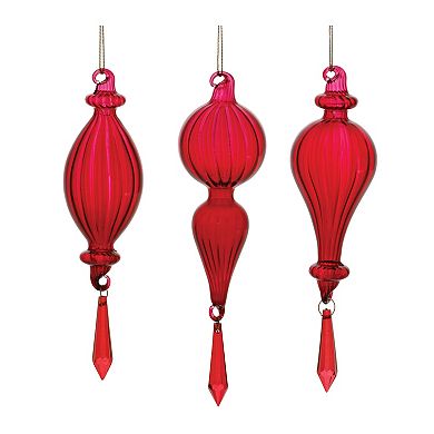 Melrose Red Ribbed Glass Drop Ornaments 3 pc Holiday Decor Set