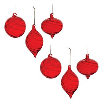 Melrose 6 pc Red Swirl Glass Ornament Set