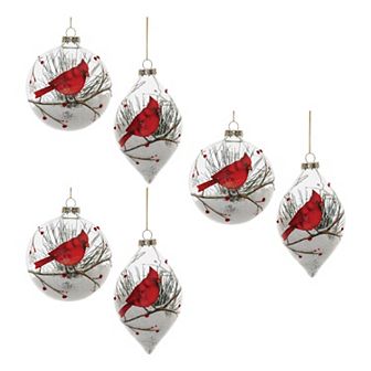 Melrose Glittered Glass Cardinal Ornaments 6 pc Holiday Decor Set