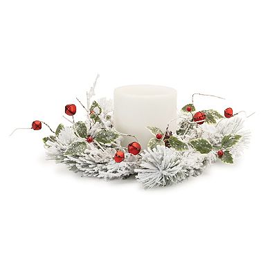 Melrose Flocked Artificial Pine Sleigh Bell Candle Ring Table Decor